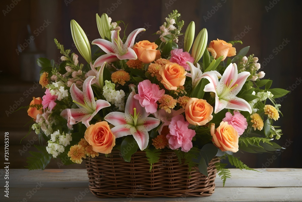 AI generated illustration of a woven basket with flowers inside on top of a wooden table AI generated illustration of a woven basket with flowers inside on top of a wooden table