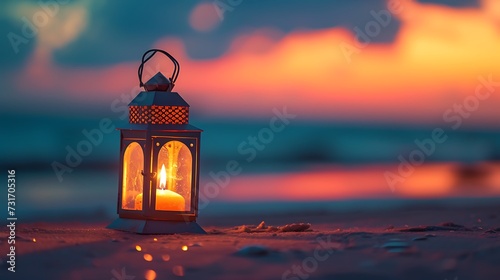 Ramadan Kareem, Arabic lantern with burning candle on sand beach with blurry sunset sky background