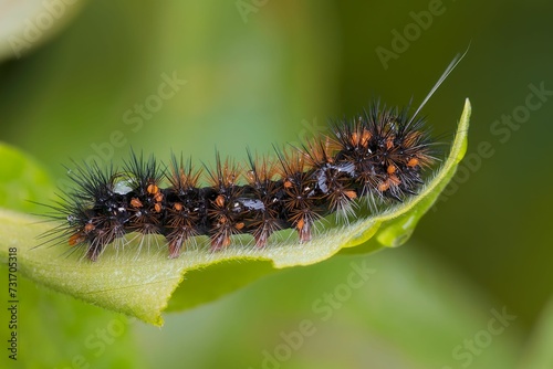 Macro shot of a small caterpillar perched on a leaf © Wirestock