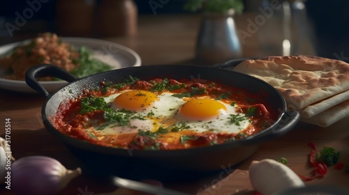 AI generated illustration of a metal pan with a Shakshouka dish with eggs