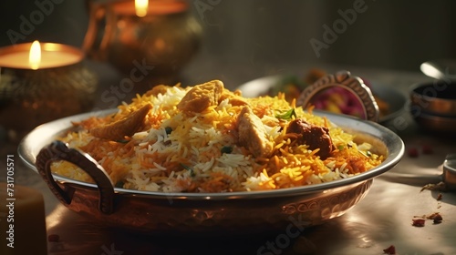 AI generated illustration of a flavorful, aromatic curry chicken dish served with steamed rice
