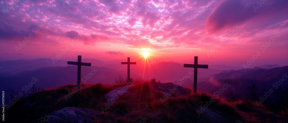 Crucifixion and Resurrection of Jesus at sunset. Three wooden crosses against beautiful sunset in the mountains. Catholicism symbols. Easter concept. - obrazy, fototapety, plakaty 