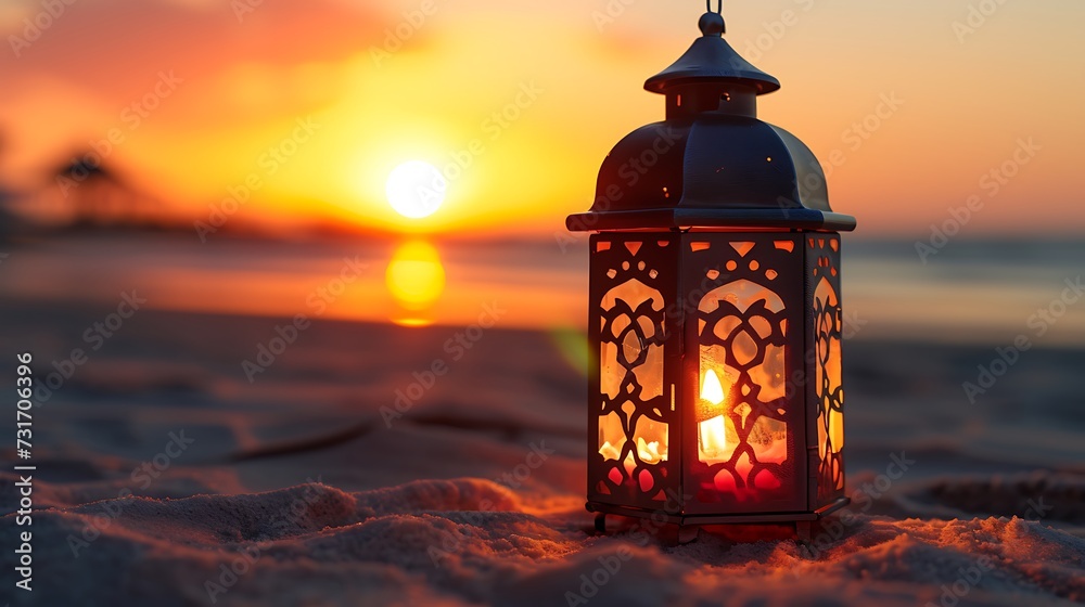 Ramadan Kareem, Arabic lantern with burning candle on sand beach with blurry sunset sky background Ramadan Kareem, Arabic lantern with burning candle on sand beach with blurry sunset sky background