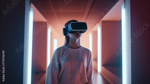 AI-generated illustration of a young woman wearing a futuristic VR headset in a minimalist room