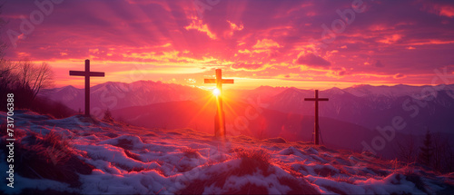 Crucifixion and Resurrection of Jesus at sunset. Three wooden crosses against beautiful sunset in the mountains. Catholicism symbols. Easter concept.