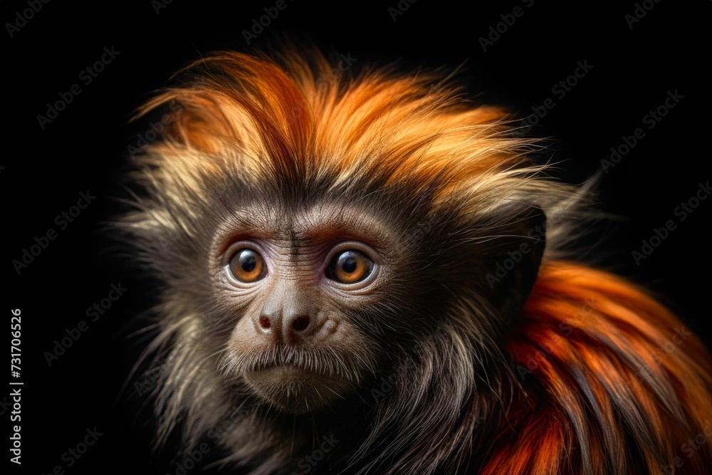Obraz premium the face of a golden monkey with blue eyes against a black background
