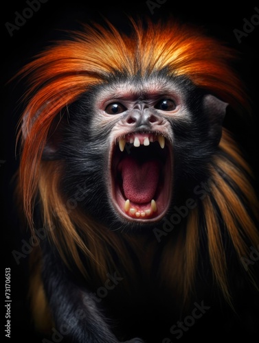 a monkey has its mouth open and it s long orange hair on