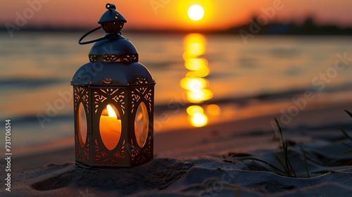Ramadan Kareem, Arabic lantern with burning candle on sand beach with blurry sunset sky background