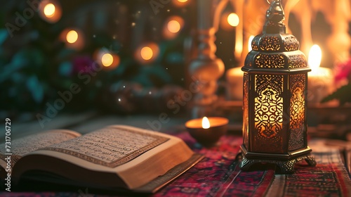 Ramadan Kareem decorations, Traditional Lantern with Quran, Ramadan Greeting Background photo