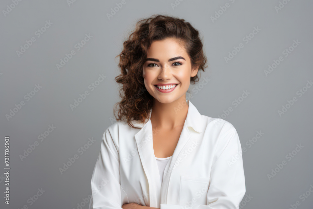 Gorgeous Young Businesswoman with a Happy Smile, Standing Confidently in a Gray Studio Background Gorgeous Young Businesswoman with a Happy Smile, Standing Confidently in a Gray Studio Background