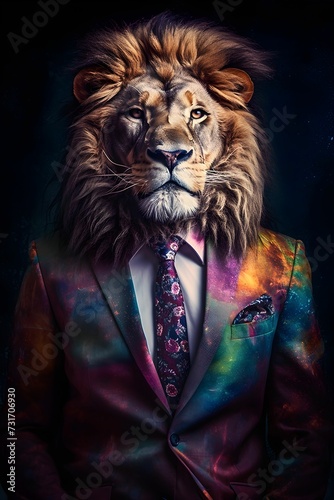 AI generated illustration of a majestic lion wearing a tailored suit and a vibrant tie