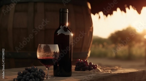 AI generated illustration of a bottle of red wine and a wine glass with grapes on a wooden table