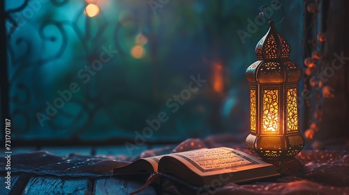 Ramadan Kareem decorations, Traditional Lantern with Quran, Ramadan Greeting Background