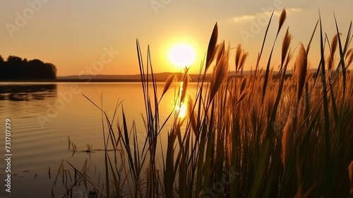 AI-generated illustration of a picturesque view of a tranquil lake with sun setting in background photo