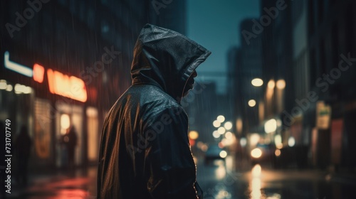 A man wearing a black coat while standing in the rain on a city street at night, AI-generated