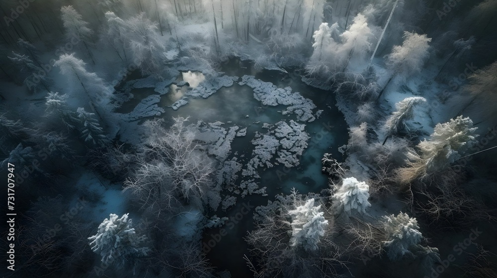 AI-generated illustration of an aerial of a tranquil body of water surrounded by trees in winter.