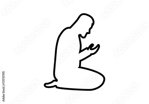 Icono negro de mulsulmán rezando en fondo blanco.