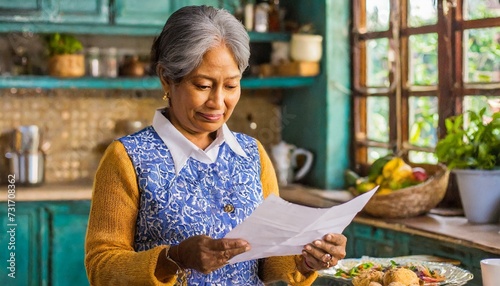 senior person in the kitchen reading a letter; old lady reading a bill 