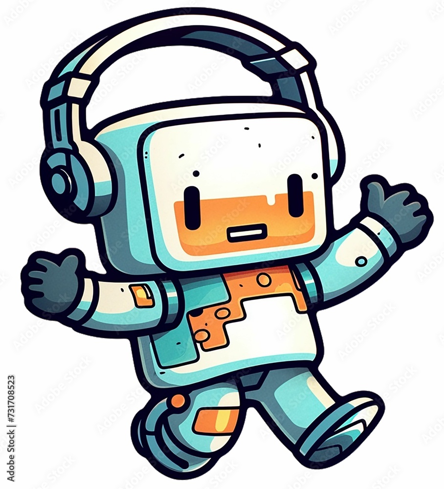 AI generated illustration of a cartoon robotic figure wearing headphones AI generated illustration of a cartoon robotic figure wearing headphones