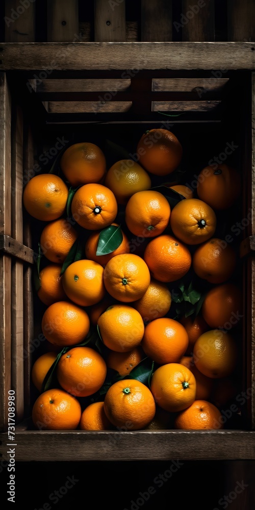 AI generated illustration of fresh ripe oranges with green leaves in a wooden crate