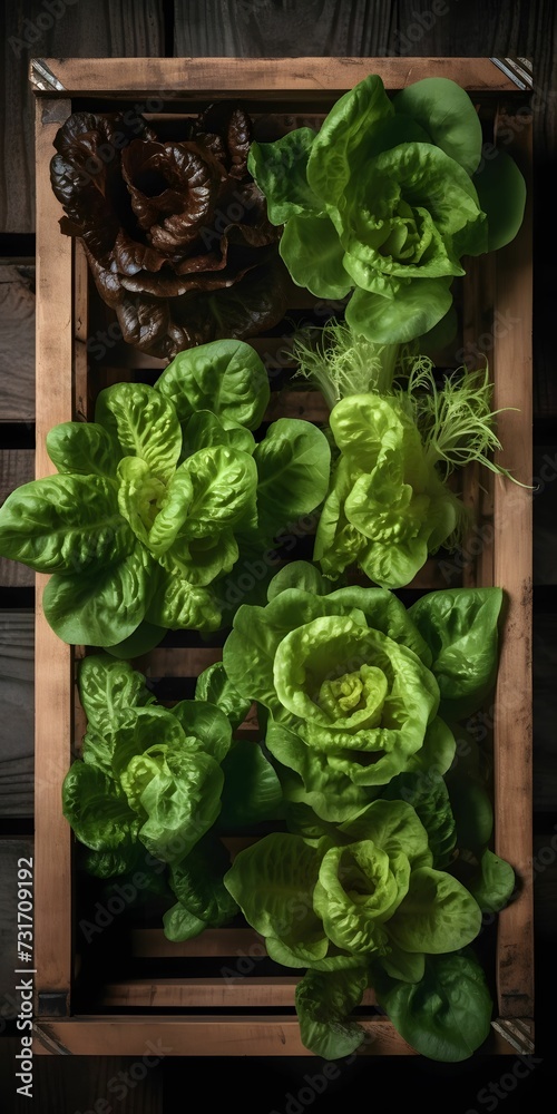 AI generated illustration of lettuce in a wooden crate