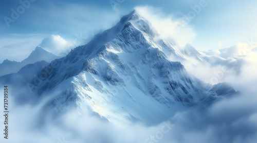 a mountain covered in snow is shown with clouds around it © Wirestock
