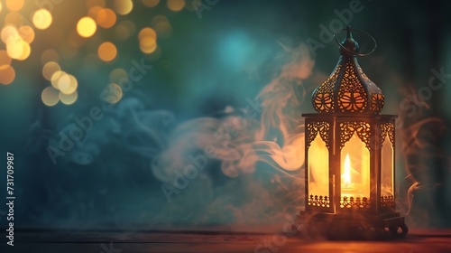 Ramadan Kareem greeting card design. Arabic Lantern glowing at night on table with smoke. © Uzair