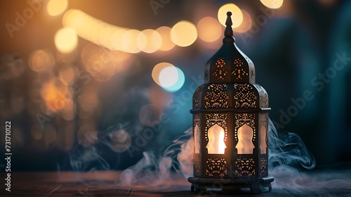 Ramadan Kareem greeting card design. Arabic Lantern glowing at night on table with smoke.