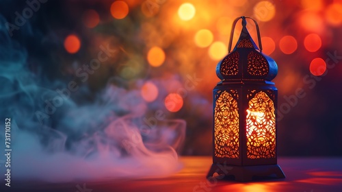 Ramadan Kareem greeting card design. Arabic Lantern glowing at night on table with smoke.