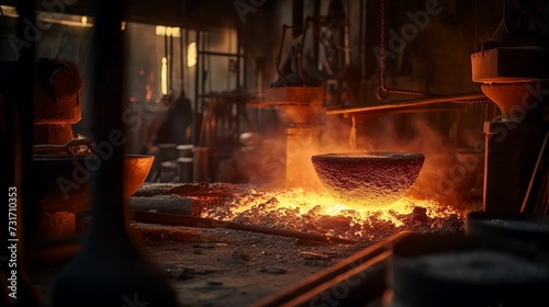 AI generated illustration of An interior of a forging room with hot red coals