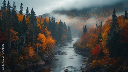 a stream and some forest on a foggy day