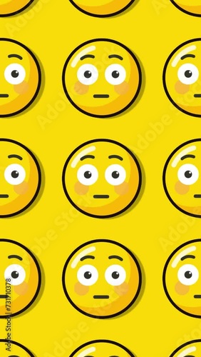 Flushed, amazed, ashamed or shocked face emoji expression over yellow background. Emoticon sign. Emoji button. Looped with removable single color green background.