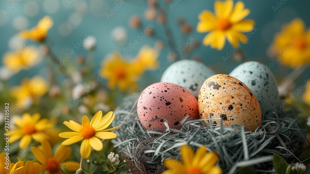 three small eggs on a small pile surrounded by yellow flowers three small eggs on a small pile surrounded by yellow flowers