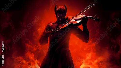 AI generated illustration of a musician playing a violin illuminated by a fiery backdrop