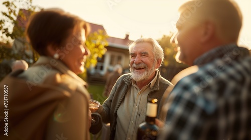 Cheerful senior caucasian elderly retired people neighborhood gathering outdoors talking and smiling together photo