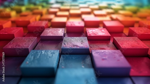 rainbow colored blocks are arranged in rows on a blue background