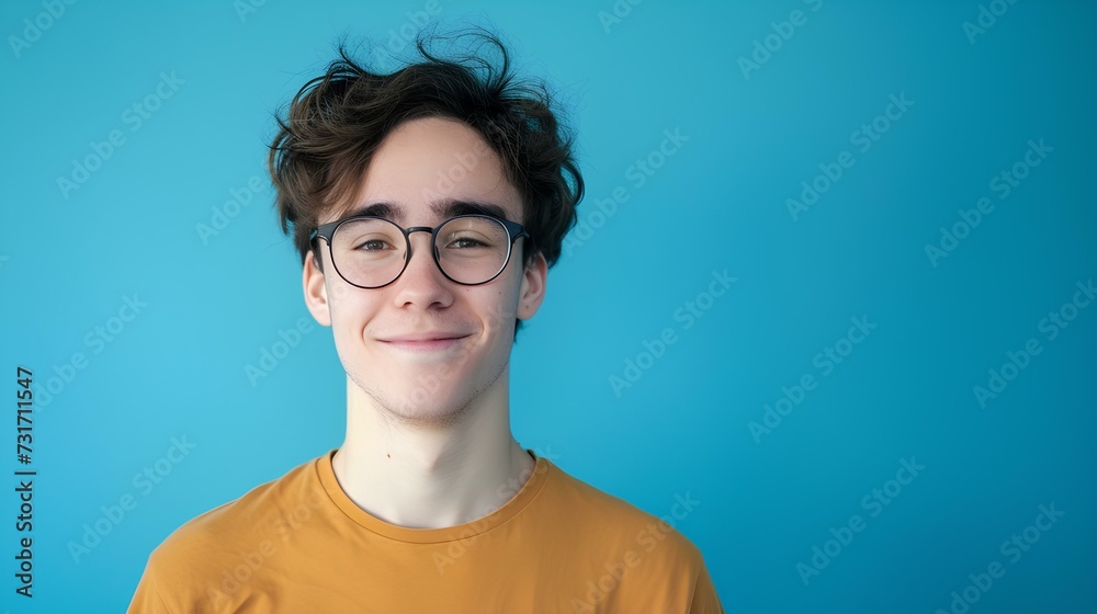 A young man wearing glasses in front of a sky blue background is smiling awkwardly. current situation is unfortunate, but the concept of hope that it will go well in the future. generative AI A young man wearing glasses in front of a sky blue background is smiling awkwardly. current situation is unfortunate, but the concept of hope that it will go well in the future. generative AI