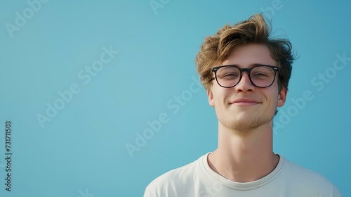 A young man wearing glasses in front of a sky blue background is smiling awkwardly. current situation is unfortunate, but the concept of hope that it will go well in the future. generative AI