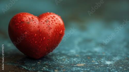 a red heart on a blue surface with water drops around it