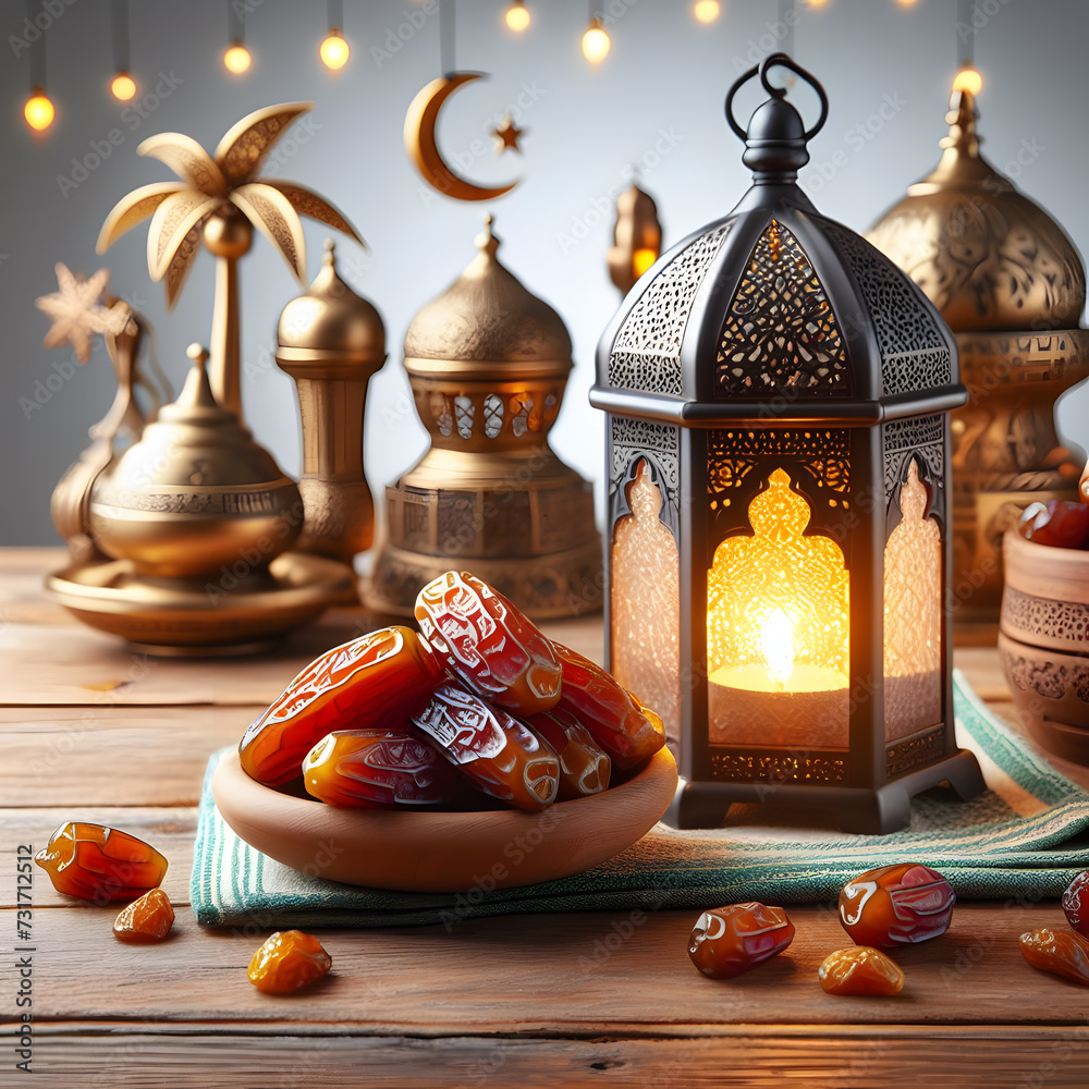 muslim Ramadan Eid lamp lantern and dates on wooden table islamic background