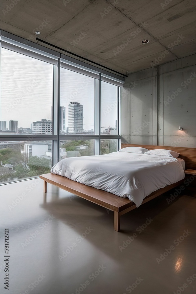 a bedroom in a modern apartment with a beautiful view to the city