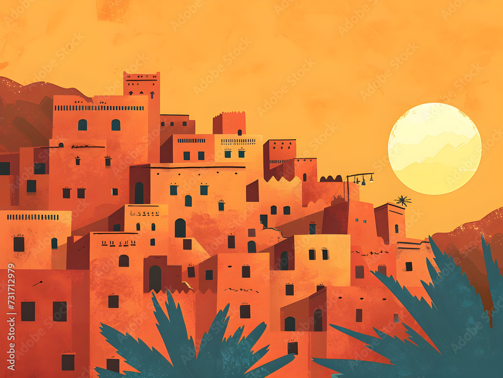 Sunset Glow Over Traditional Fortified Village Illustration – North African/Middle Eastern Architecture Charm with Terracotta Buildings & Historical Fortress Concept