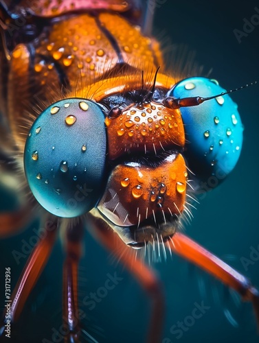 AI generated illustration of Close-up of the head of a small insect with two vibrant blue eyes © Wirestock