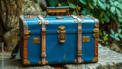 An old vintage-style travel suitcase with a shabby blue appearance and brass fittings on stone with tree in background