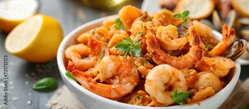 A delicious seafood recipe of Arroz a la Valenciana with shrimp and clams, served in a white bowl on a table.