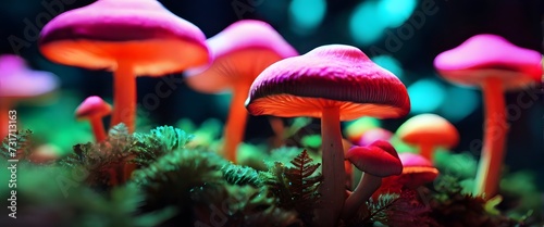 Ethereal Mycology: A Neon-Bathed Closeup of Luminescent Mushrooms