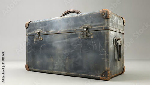 An old vintage-style travel suitcase with a shabby gray appearance and brass fittings on bright background