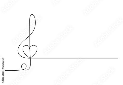 Continuous one line drawing treble clef. Music key. Isolated on white background vector illustration. Free vector 