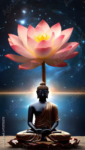 Enlightened Buddha: Cosmic Meditation on Lotus Flower