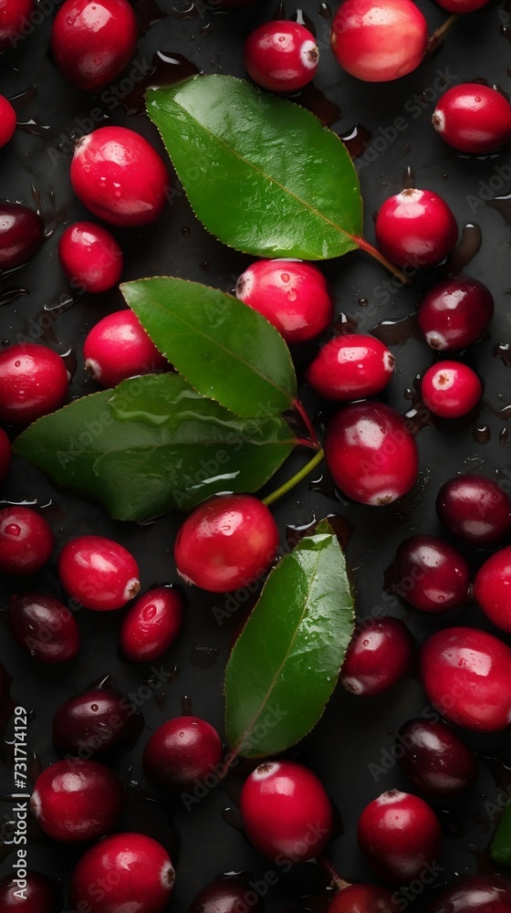 AI generated illustration of fresh red berries and green leaves with water drops AI generated illustration of fresh red berries and green leaves with water drops
